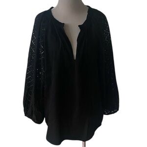 Gap NEW black split-neck shirttail blouse raglace lace sleeves size large tall